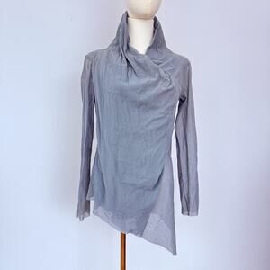 Robin Kaplan Top Gray Hand Dyed Cowl Front Asymmetric Tunic Sheer Sleeves Back M